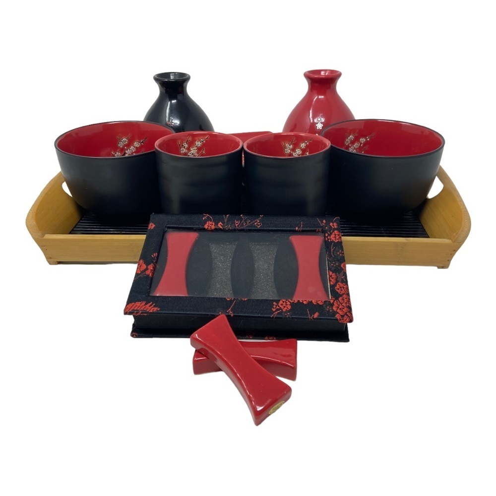 Vintage Japanese 12 Piece Black and Red Floral Sake Set With Bamboo Serving Tray